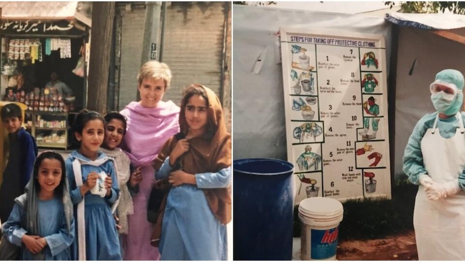 Photos de la Dre Henry au Pakistan entourée d'enfants, puis en Ouganda portant un équipement de protection personnel. 