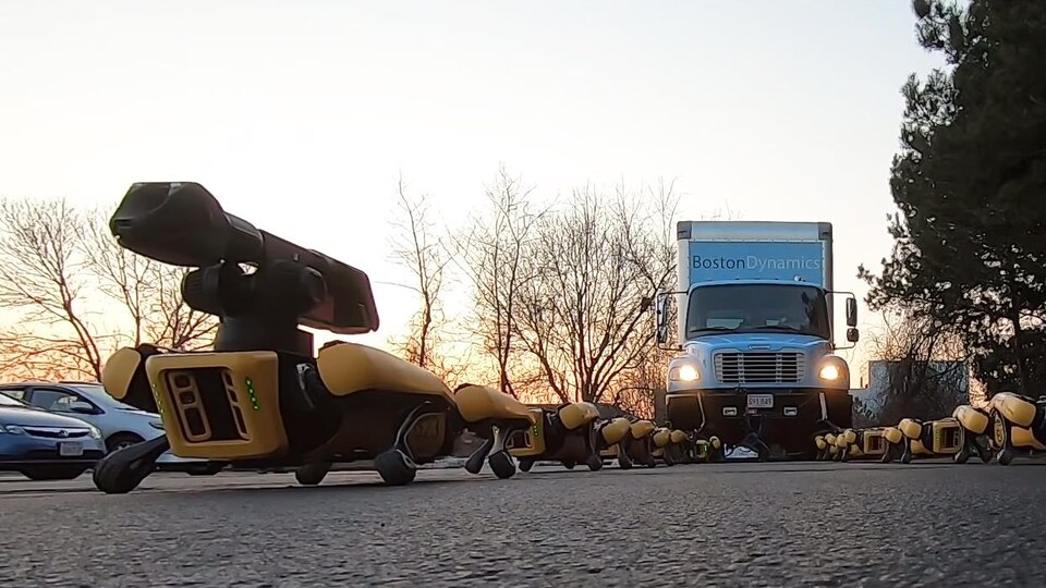Une capture d'écran montrant une rangée de robots zoomorphes jaunes devant un camion bleu.