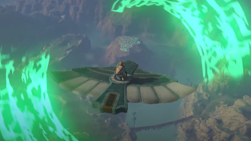 Link chevauche un oiseau robotique en plein vol, entouré d'un nuage vert fluo. 