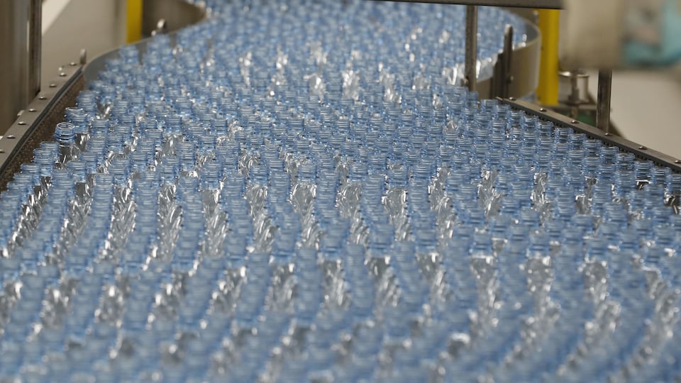 Plusieurs centaines de bouteilles de plastique vides défilent sur un tapis roulant dans une usine de Coca-Cola.