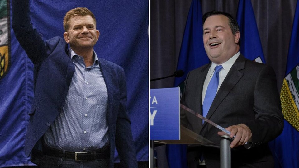 Le chef du Parti Wildrose, Brian Jean (à gauche), et son homologue du Parti progressiste-conservateur de l'Alberta, Jason Kenney (à droite).
