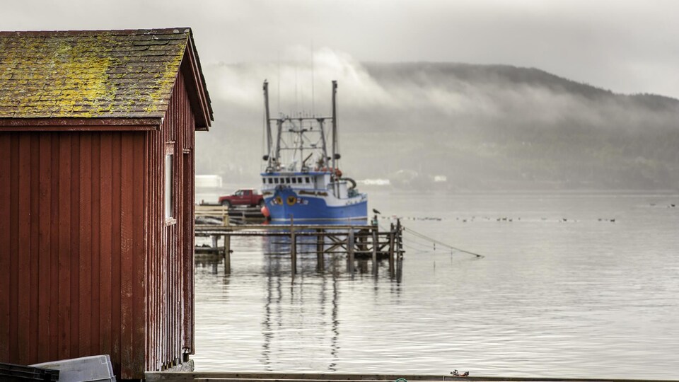 Un quai et un bateau de pêche enveloppés par le brouillard.