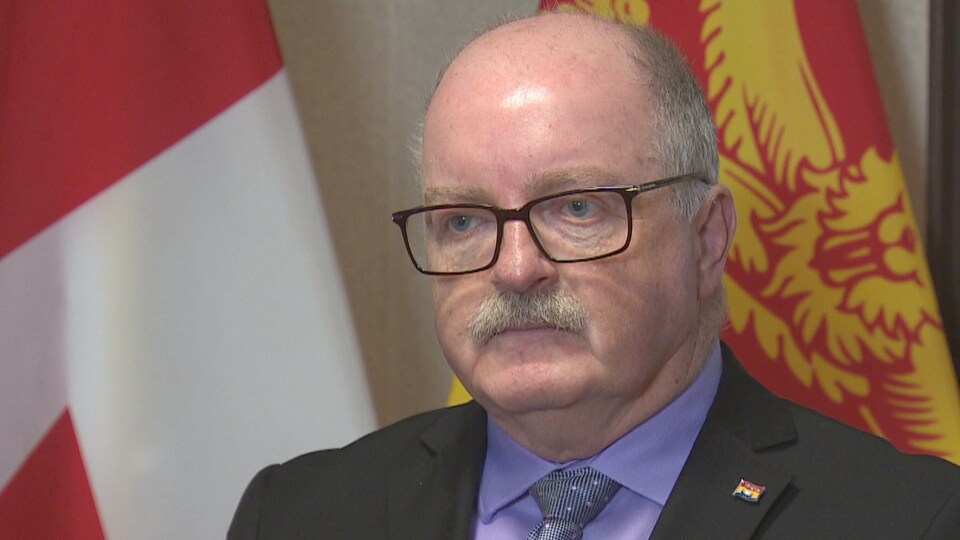 Bruce Fitch en mêlée de presse devant des drapeaux du Nouveau-Brunswick et du Canada. 
