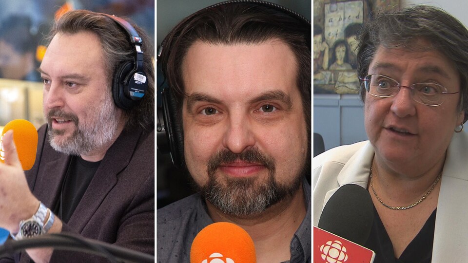 Montage photo de trois personnalités au micro.