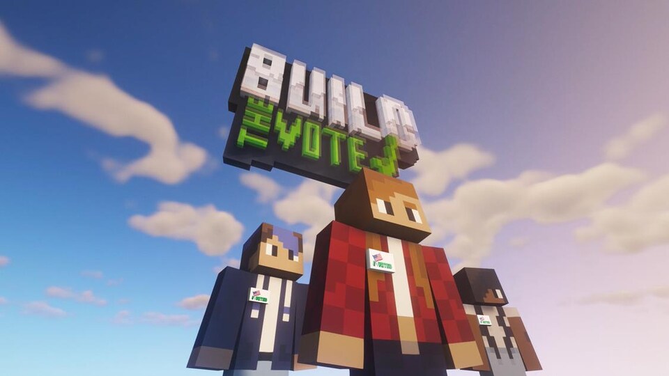 Des figurines de Minecraft sous la mention "Build the vote".