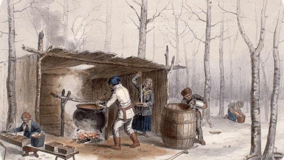 Des colons fabriquent du sirop d'érable dans une cabane à sucre.