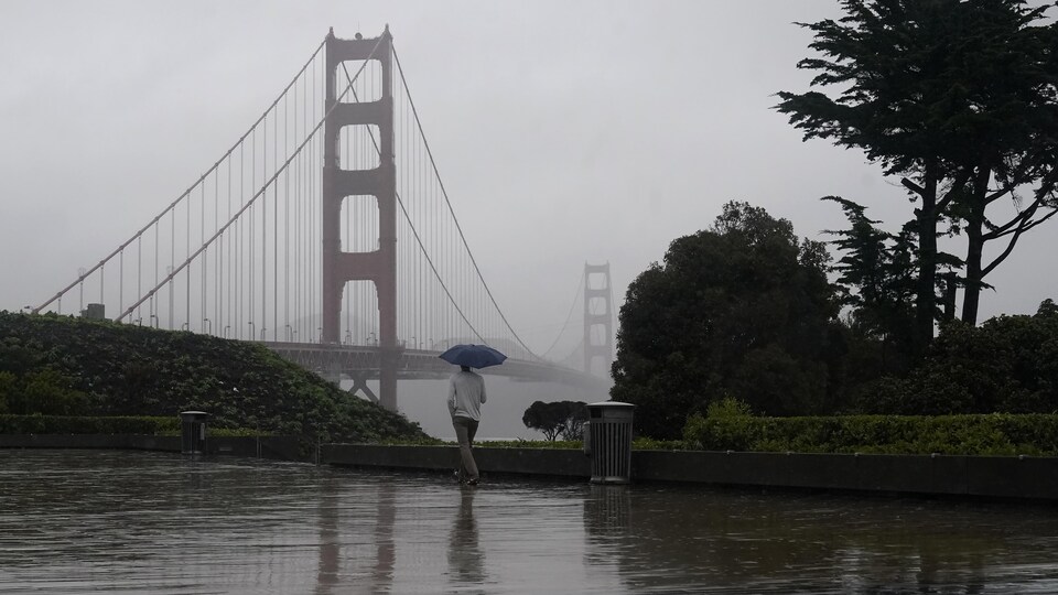 Un homme marche sous un parapluie.