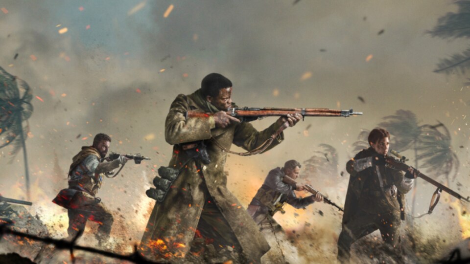Image tirée d'un jeu vidéo sur laquelle on voit six soldats brandir leur fusil. 