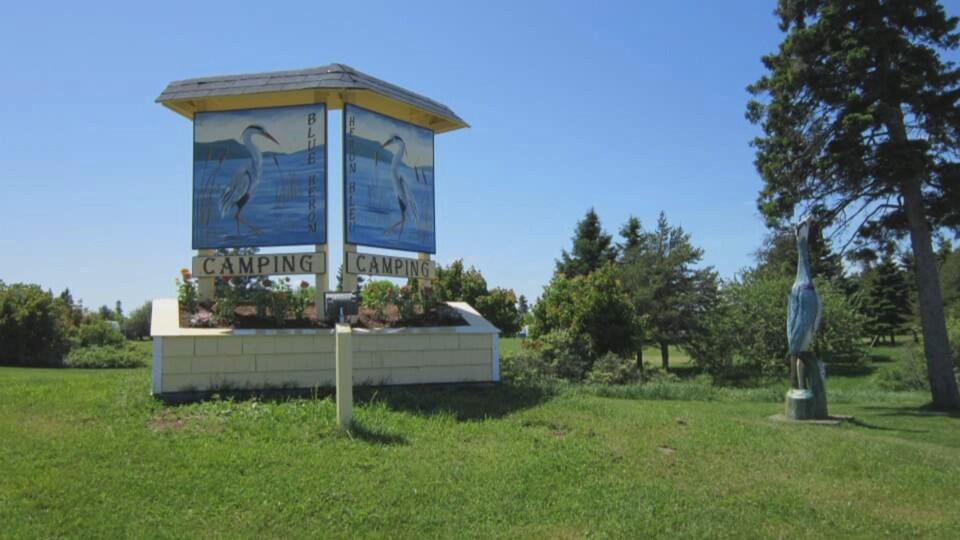L'entrée d'un camping avec une effigie d'un héron, sur lequel est écrit CAMPING HÉRON BLEU. Paysage estival d'été, ciel bleu et verdure.