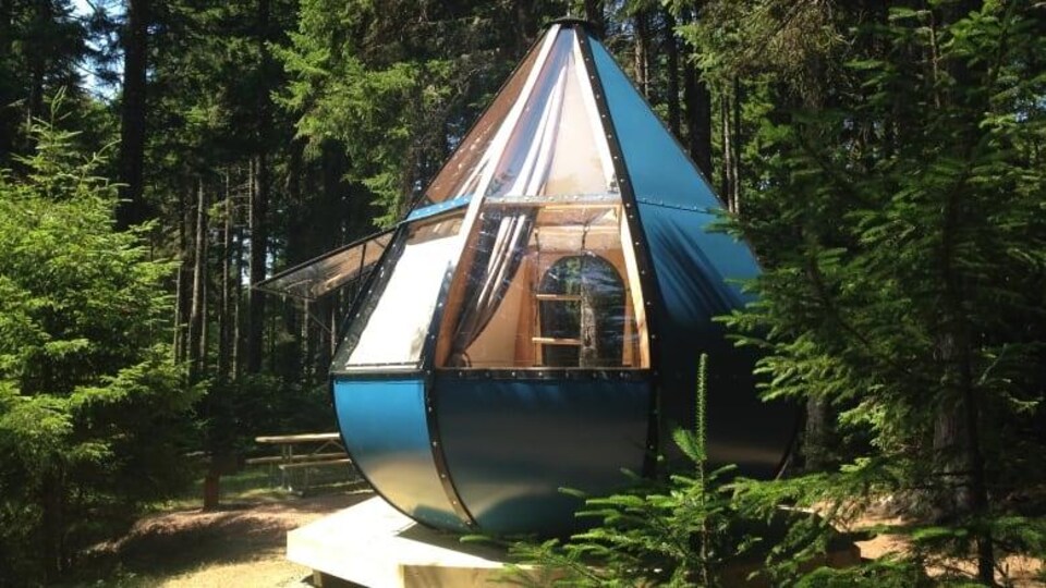 Un dôme vitré de camping au milieu de la forêt.