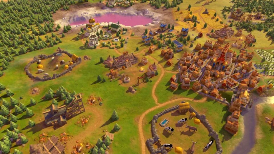 Capture d'écran montrant un village en vue aérienne dans un jeu vidéo.