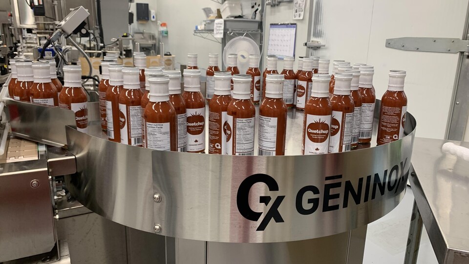 des bouteilles de ketchup sur une chaine de production