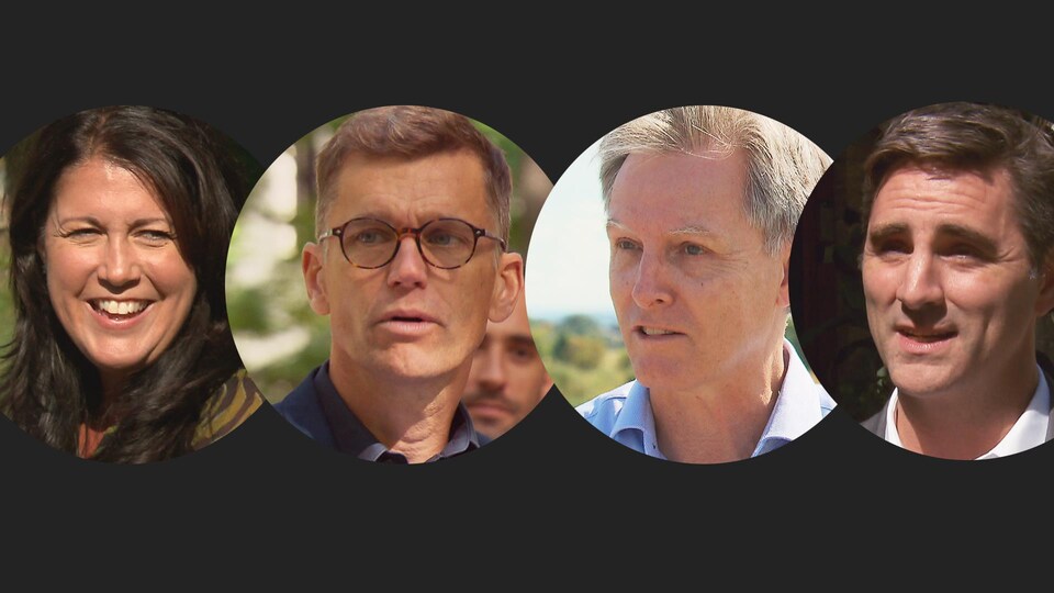 Montage de quatre pastilles montrant. le visage de quatre candidats à la mairie de Québec.