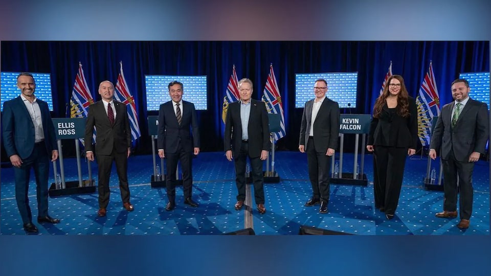 Les sept candidats en lice à la chefferie du Parti libéral de la Colombie-Britannique sont debout devant des podiums lors d'un débat.
