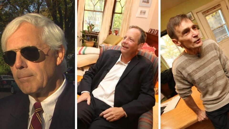 Trois hommes photographiés en différents endroits.
