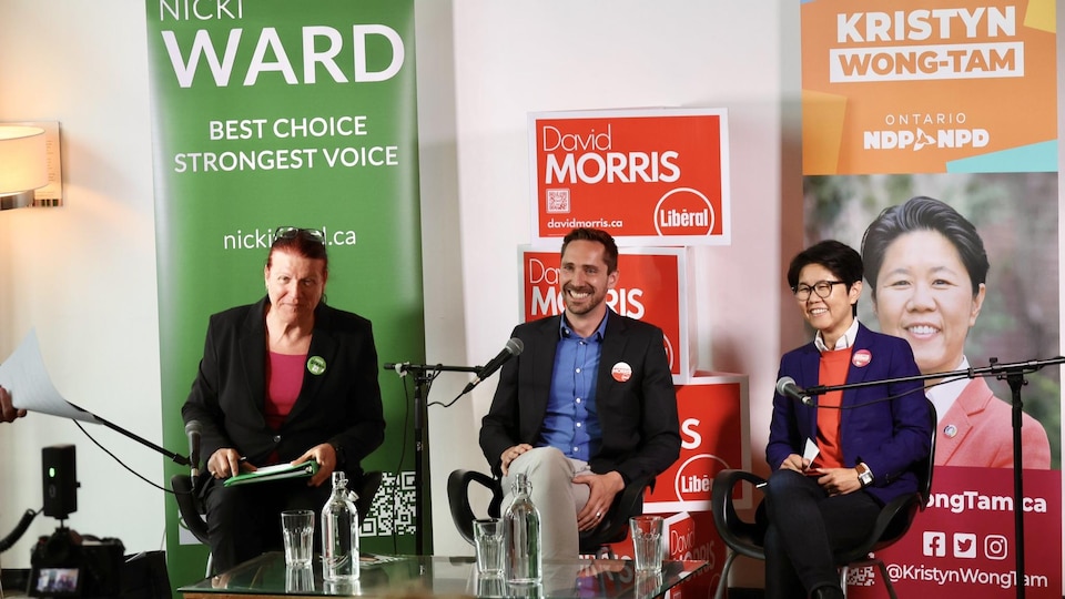 Green, Liberal and New Democrat candidates in a local debate at the Toronto Center.