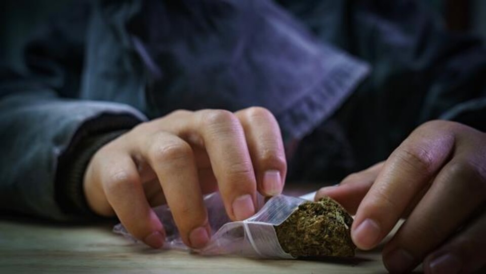 Un jeune tenant un petit sac en plastique rempli de cannabis.