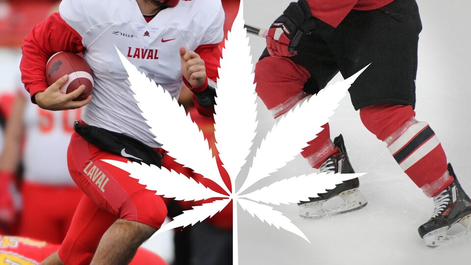 Image de feuille de cannabis entre deux joueurs de football et hockey.