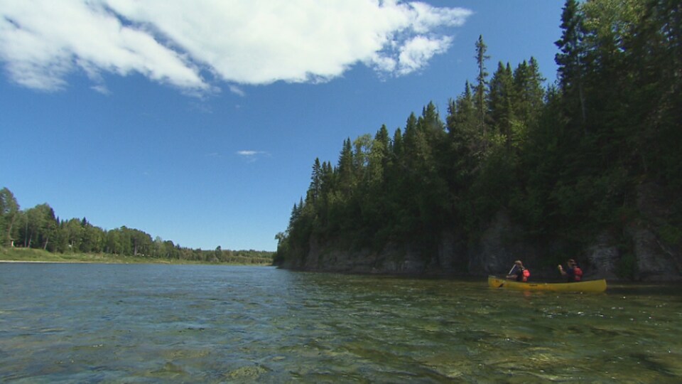 Des canoteurs descendent la rivière Bonaventure à bord d'une embarcation jaune.
