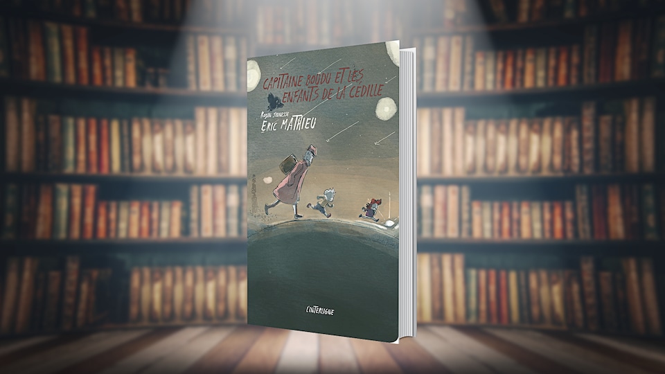 La couverture du livre «Capitaine Boudu et les enfants de la Cédille». Il est debout devant une bibliothèque remplie de livres.