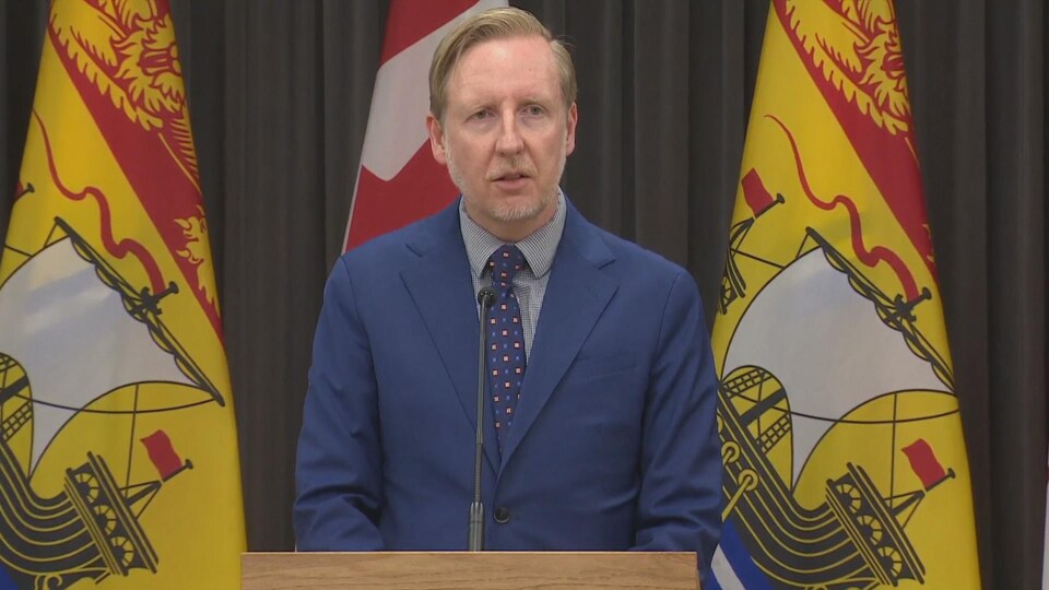 Dominic Cardy devant des drapeaux du Nouveau-Brunswick et du Canada s'adresse au public sur Internet.
