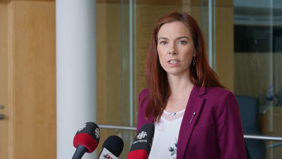 Une femme parle devant des microphones. 
