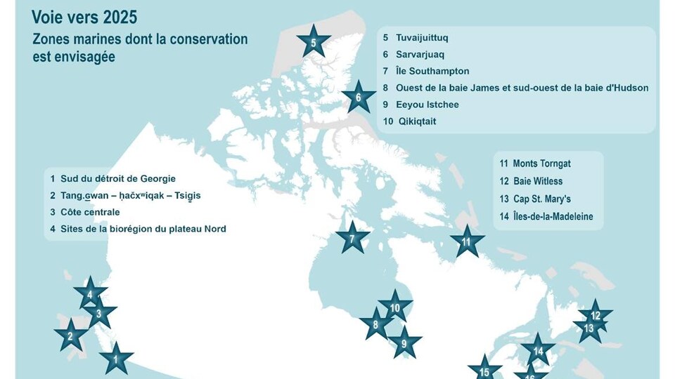 Carte du Canada montrant les zones marines dont la conservation est envisagée d'ici 2025.