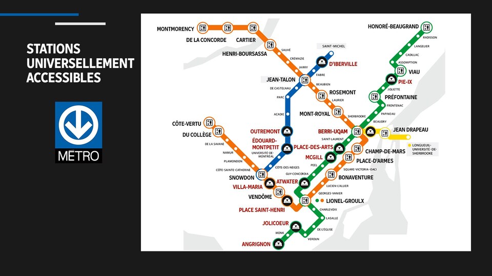 Une carte des stations de métro universellement accessibles ou en voie de l'être de la Société de transport de Montréal.