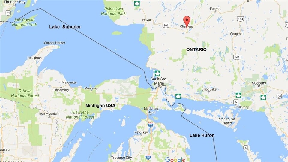 Ballon rouge indique Chapleau dans le Nord de l'Ontario.