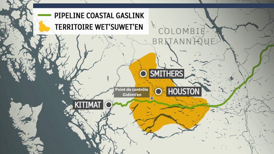 Une carte montre le tracé du gazoduc Coastal GasLink traversant le territoire ancestral wet'suwet'en.