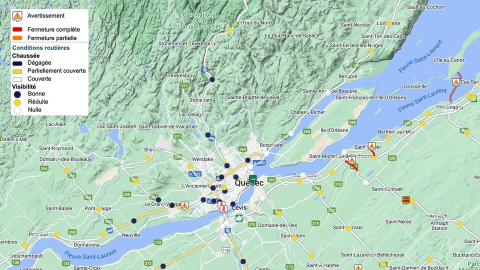 Capture d'écran d'une carte de la région avec des routes enneigées ou partiellement enneigées.