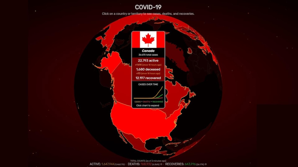 Visualisation de la Terre et des infections à la COVID-19 au Canada.