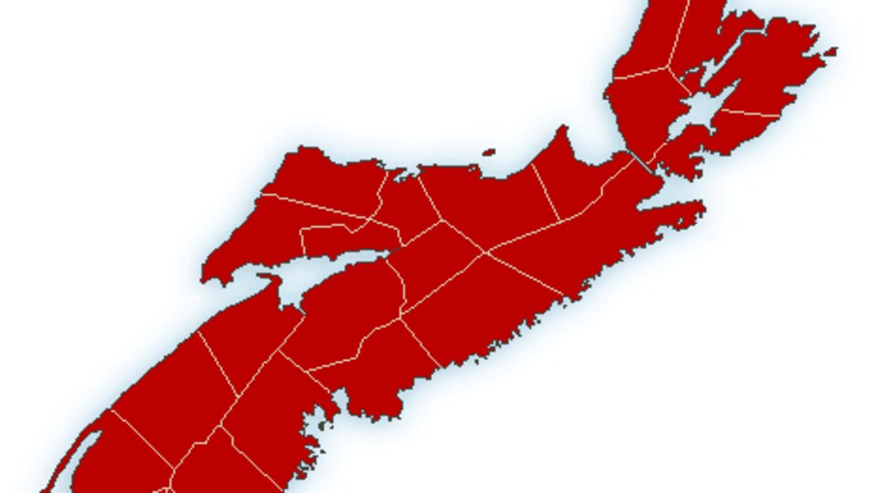 Une carte de la Nouvelle-Écosse en rouge.