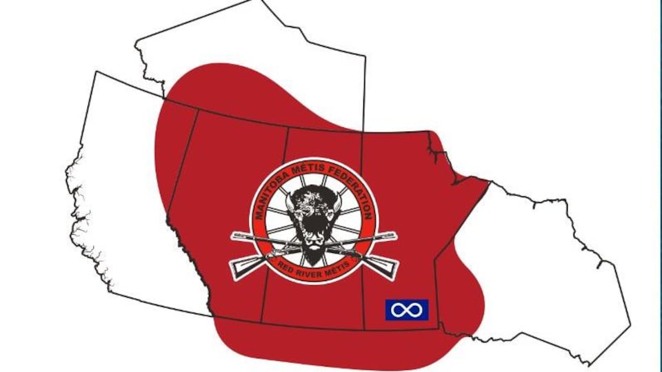 Carte du Canada sur laquelle figure le territoire de la patrie des Métis selon la FMM, soit le Manitoba, la Saskatchewan, l'Alberta et des parties de l'Ontario, de la Colombie-Britannique, des Territoires du Nord-Ouest et des États-Unis.