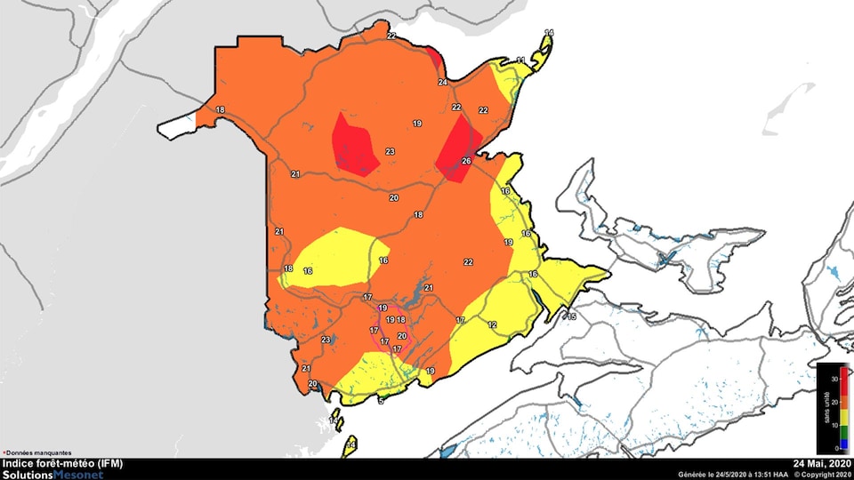 La carte du Nouveau-Brunswick avec les couleur rouge, orange et jaune selon le risque d'incendie.