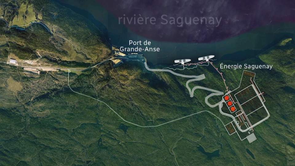 Une carte indiquant l'emplacement projeté de l'usine Énergie Saguenay.