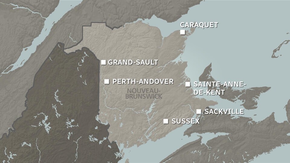 Carte du Nouveau-Brunswick montrant où sont situées les villes de Caraquet, de Grand-Sault, de Sainte-Anne-de-Kent, de Perth Andover, de Sackville et de Sussex 