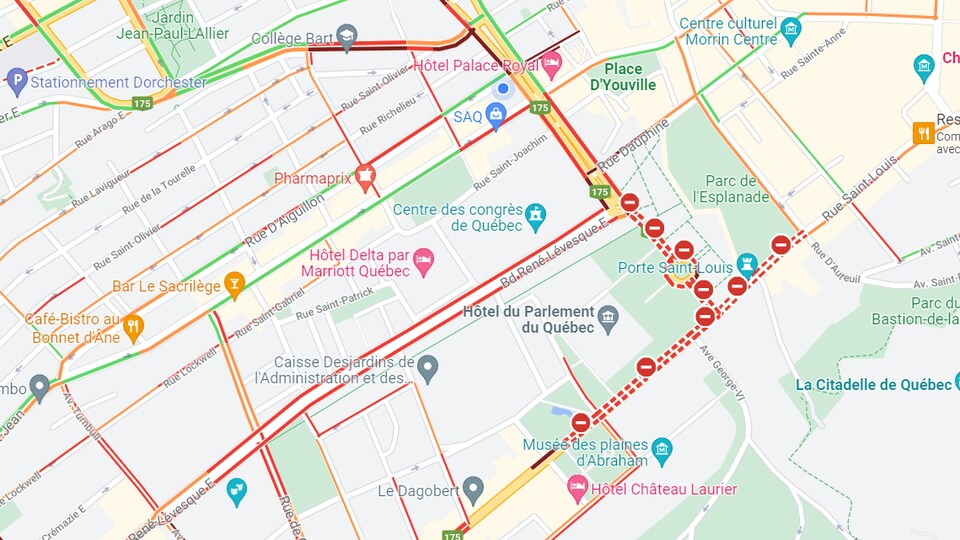 Une carte de la congestion routière près de l'Assemblée nationale à Québec