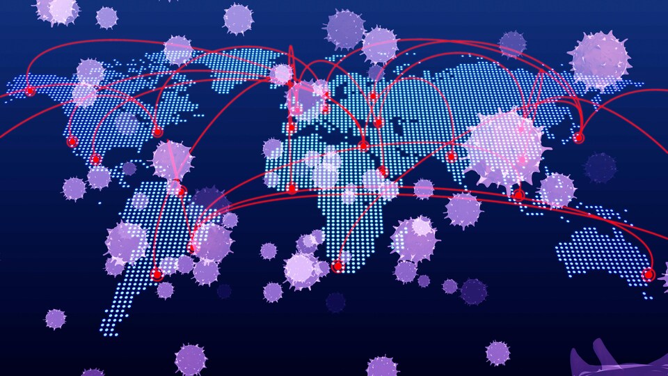 Illustration d'un virus qui se répand sur une carte du monde.