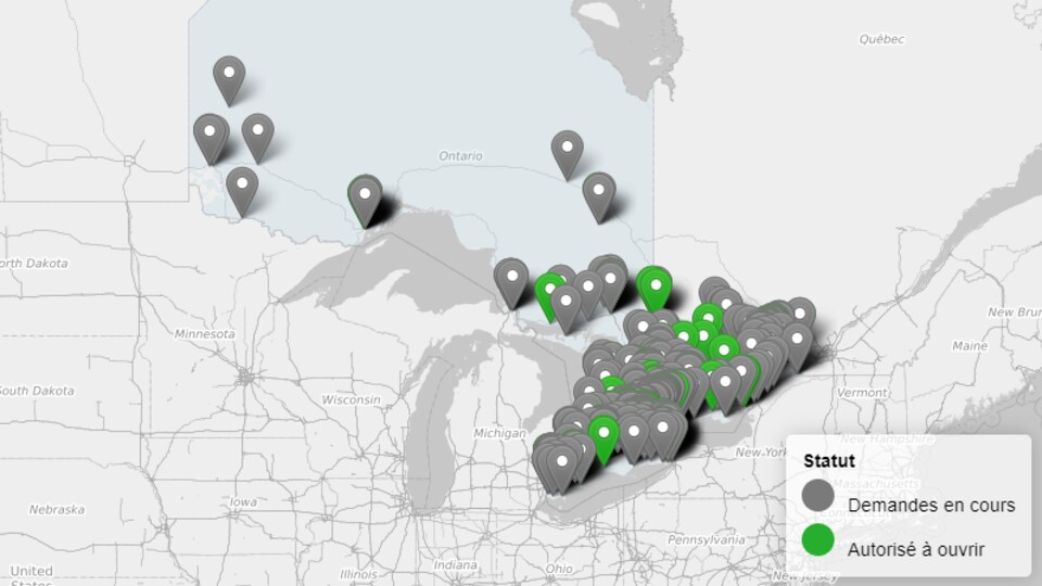 Carte des magasins de cannabis de l'Ontario.