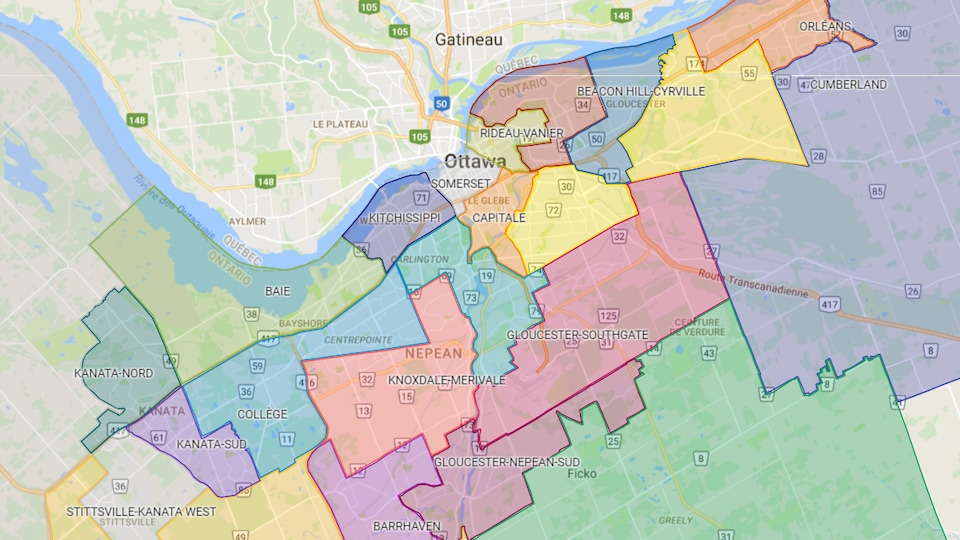 Une carte de la ville d'Ottawa et les limites de ses quartiers. 