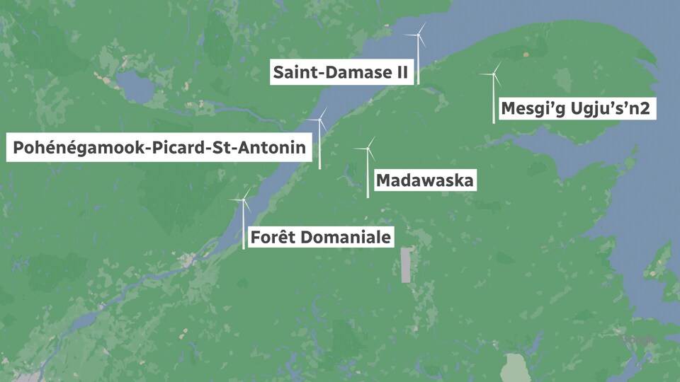 Les cinq projets retenus par Hydro-Québec, répertoriés sur une carte.