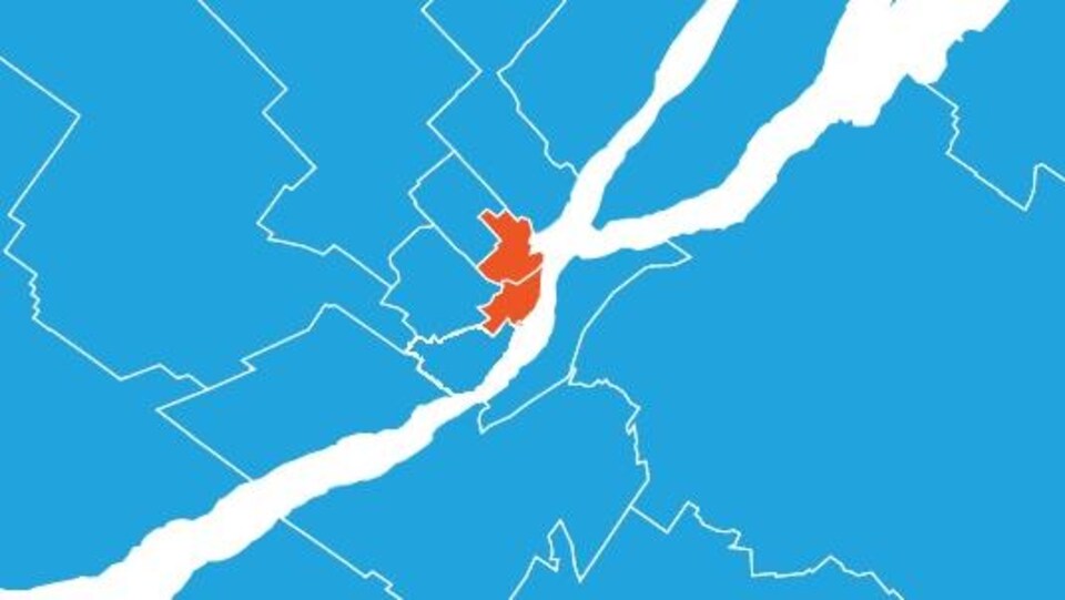 Une carte de la région de Québec où toutes les circonscriptions sont turquoises, à l'exception de celles du centre-ville qui sont oranges.