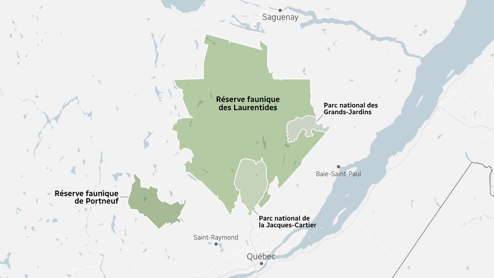 Une carte sur laquelle on voit le territoire de la réserve faunique de Portneuf (plus petite) et celle des Laurentides (beaucoup plus grande).