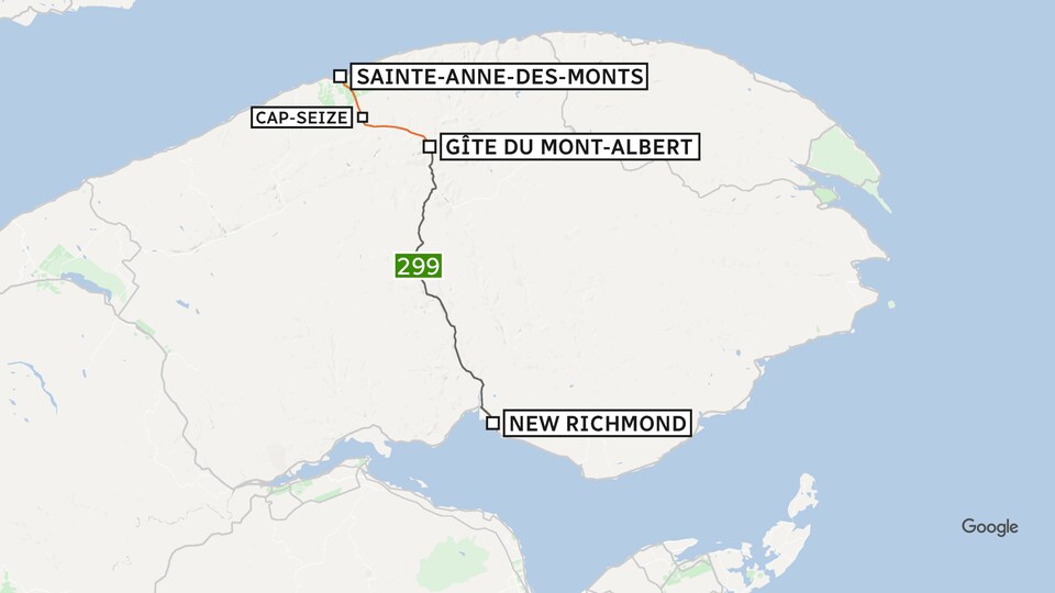 Une carte de la Gaspésie indique la localisation de la route 299, qui traverse le parc national de la Gaspésie.