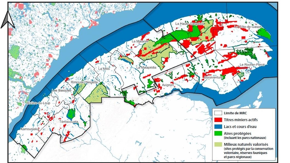 Une carte qui démontre que de nombreux secteurs sont sujets à l'exploration minière en Gaspésie.