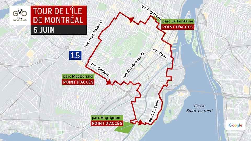 La carte du circuit du Tour de l'île de Montréal du 5 juin 2022.