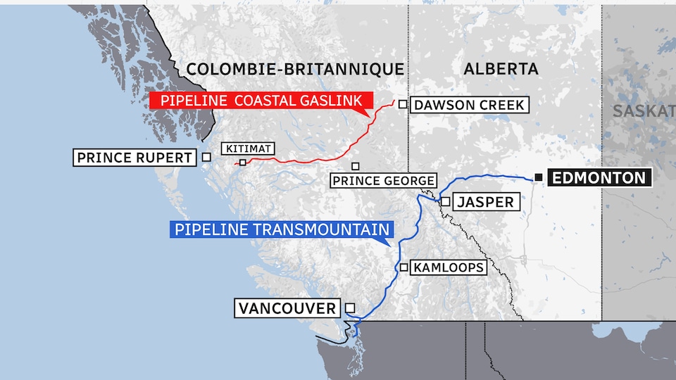 Une carte montre les tracés prévus de deux pipelines : celui de Coastal GasLink, dans le nord de la Colombie-Britannique, et celui de Trans Mountain, d'Edmonton à Burnaby, dans le Grand Vancouver, le 11 avril 2022.