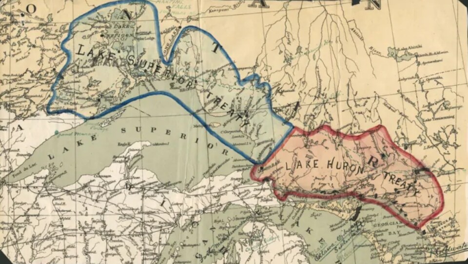 Une carte montre les terres cédées en vertu des traités Robinson-Supérieur et Robinson-Huron.