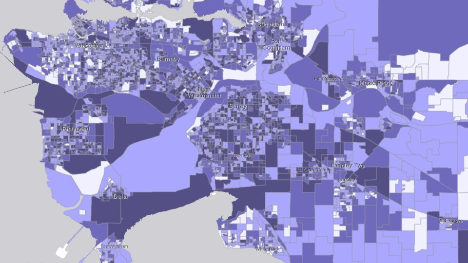 Carte de la région de Vancouver avec les différents quartiers selon leur niveau de vulnérabilité à la COVID-19. 